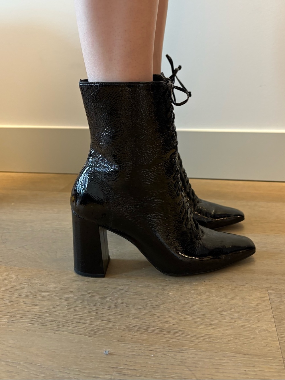 L'INTERVALLE Black Patent Lace-Up Block Heel Ankle Boots